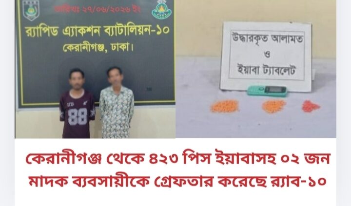 কেরানীগঞ্জ থেকে  ৪২৩ পিস ইয়াবাসহ ০২ জন মাদক ব্যবসায়ীকে গ্রেফতার করেছে র‌্যাব-১০|