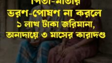 পিতা মাতার দায়িত্ব পালন না করলে সর্বোচ্চ ১ লাখ টাকা জরিমানা এবং অনাদায়ে সর্বোচ্চ ৩ মাসের কারাদণ্ডের বিধান রয়েছে