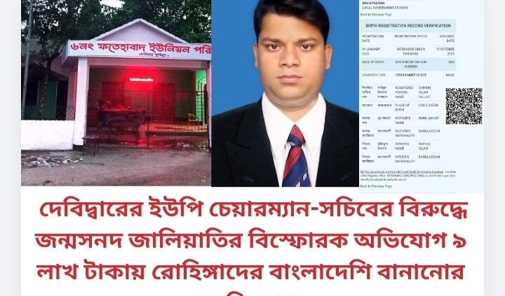 দেবিদ্বারের ইউপি চেয়ারম্যান-সচিবের বিরুদ্ধে জন্মসনদ জালিয়াতির বিস্ফোরক অভিযোগ ৯ লাখ টাকায় রোহিঙ্গাদের বাংলাদেশি বানানোর অভিযোগ