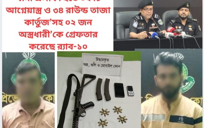রাজবাড়ী সদর ও গোয়ালন্দ থানা এলাকা হতে ০২ টি আগ্নেয়াস্ত্র ও ৩৪ রাউন্ড তাজা কার্তুজ’সহ ০২ জন অস্ত্রধারী’কে গ্রেফতার করেছে র‌্যাব-১০।