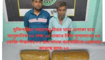 মুন্সিগঞ্জের পদ্মাসেতু উত্তর থানা এলাকা হতে আনুমানিক ০২ লক্ষ ১০ হাজার টাকা মূল্যমানের ০৭ কেজি গাঁজাসহ ০২ জন মাদক ব্যবসায়ীকে গ্রেফতার করেছে র‌্যাব-১০