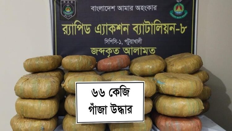 পটুয়াখালী পায়রা সেতু এলাকায় র‌্যাবের অভিযানে পিকআপের গোপন চেম্বার থেকে ৬৬ কেজি গাঁজা উদ্ধার